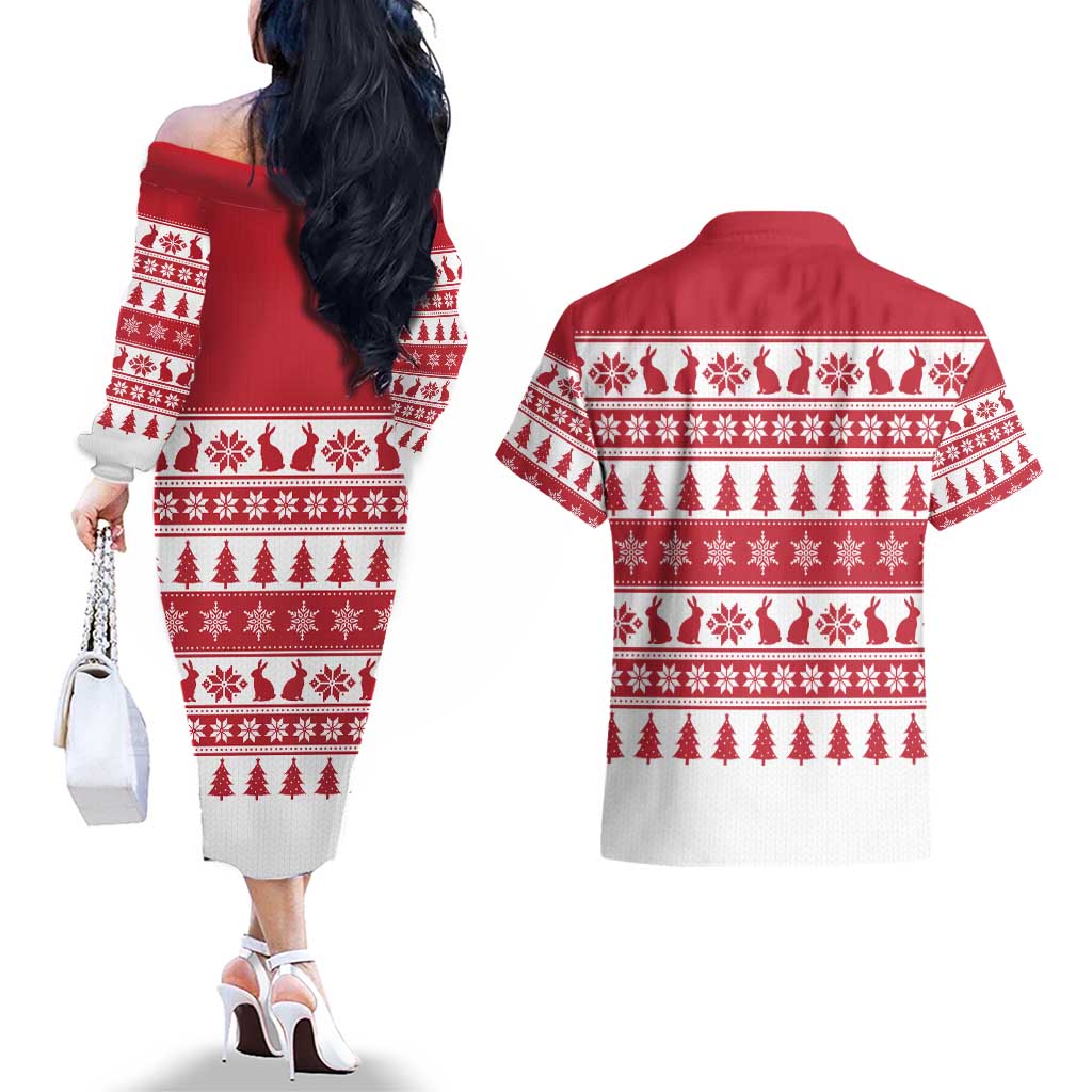 Christmas Santa Bunny Rabbits Couples Matching Off The Shoulder Long Sleeve Dress and Hawaiian Shirt Red White Tree Snowflake Pattern - Wonder Print Shop