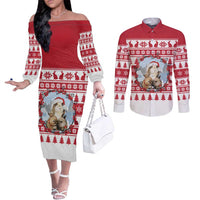 Christmas Santa Bunny Rabbits Couples Matching Off The Shoulder Long Sleeve Dress and Long Sleeve Button Shirt Red White Tree Snowflake Pattern - Wonder Print Shop