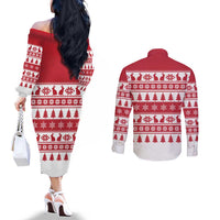 Christmas Santa Bunny Rabbits Couples Matching Off The Shoulder Long Sleeve Dress and Long Sleeve Button Shirt Red White Tree Snowflake Pattern - Wonder Print Shop