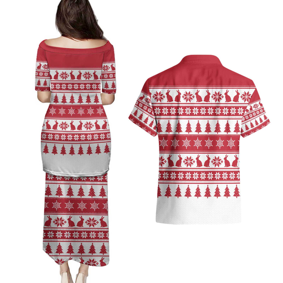 Christmas Santa Bunny Rabbits Couples Matching Puletasi and Hawaiian Shirt Red White Tree Snowflake Pattern - Wonder Print Shop