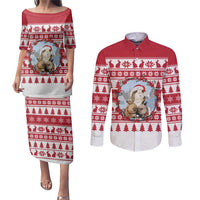 Christmas Santa Bunny Rabbits Couples Matching Puletasi and Long Sleeve Button Shirt Red White Tree Snowflake Pattern - Wonder Print Shop