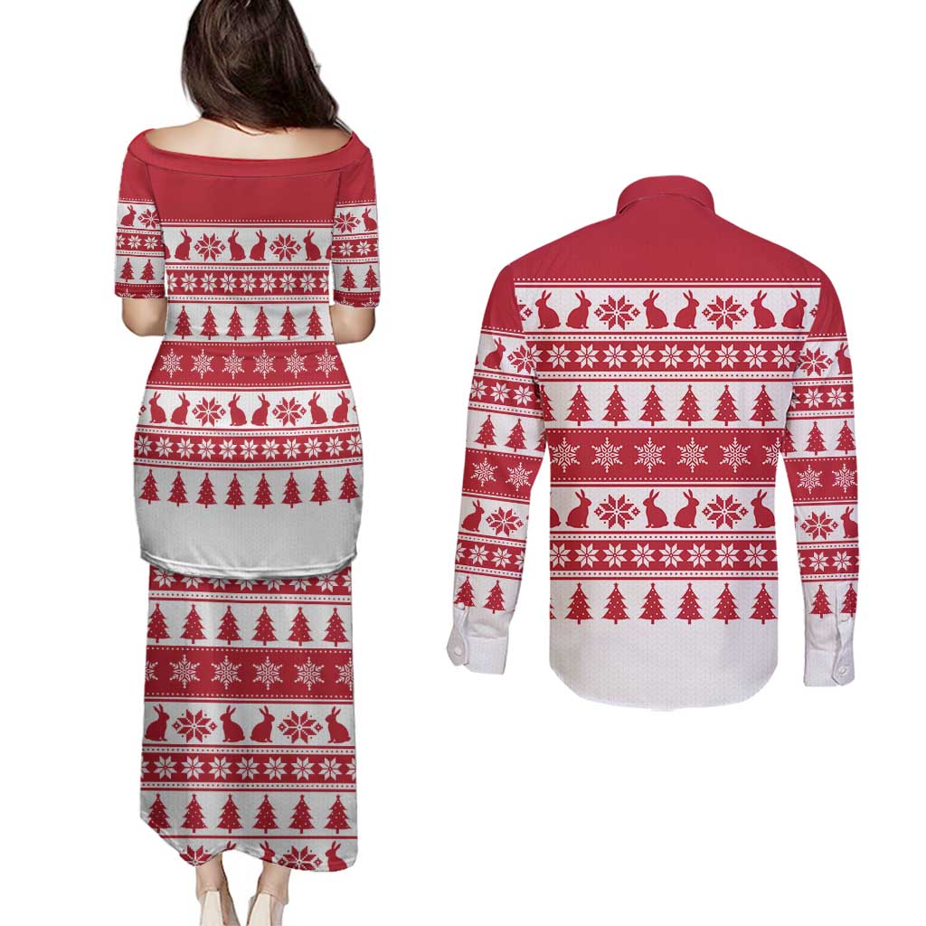 Christmas Santa Bunny Rabbits Couples Matching Puletasi and Long Sleeve Button Shirt Red White Tree Snowflake Pattern - Wonder Print Shop