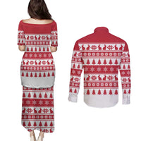 Christmas Santa Bunny Rabbits Couples Matching Puletasi and Long Sleeve Button Shirt Red White Tree Snowflake Pattern - Wonder Print Shop