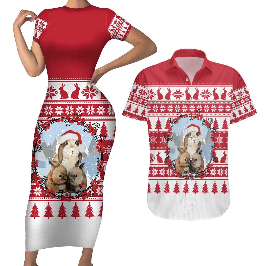 Christmas Santa Bunny Rabbits Couples Matching Short Sleeve Bodycon Dress and Hawaiian Shirt Red White Tree Snowflake Pattern - Wonder Print Shop