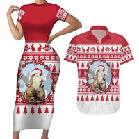 Christmas Santa Bunny Rabbits Couples Matching Short Sleeve Bodycon Dress and Hawaiian Shirt Red White Tree Snowflake Pattern - Wonder Print Shop