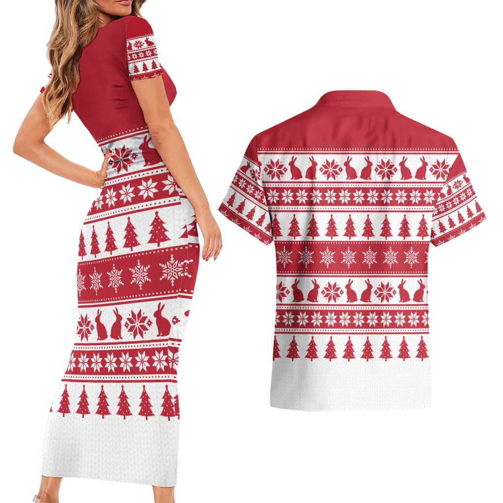Christmas Santa Bunny Rabbits Couples Matching Short Sleeve Bodycon Dress and Hawaiian Shirt Red White Tree Snowflake Pattern - Wonder Print Shop