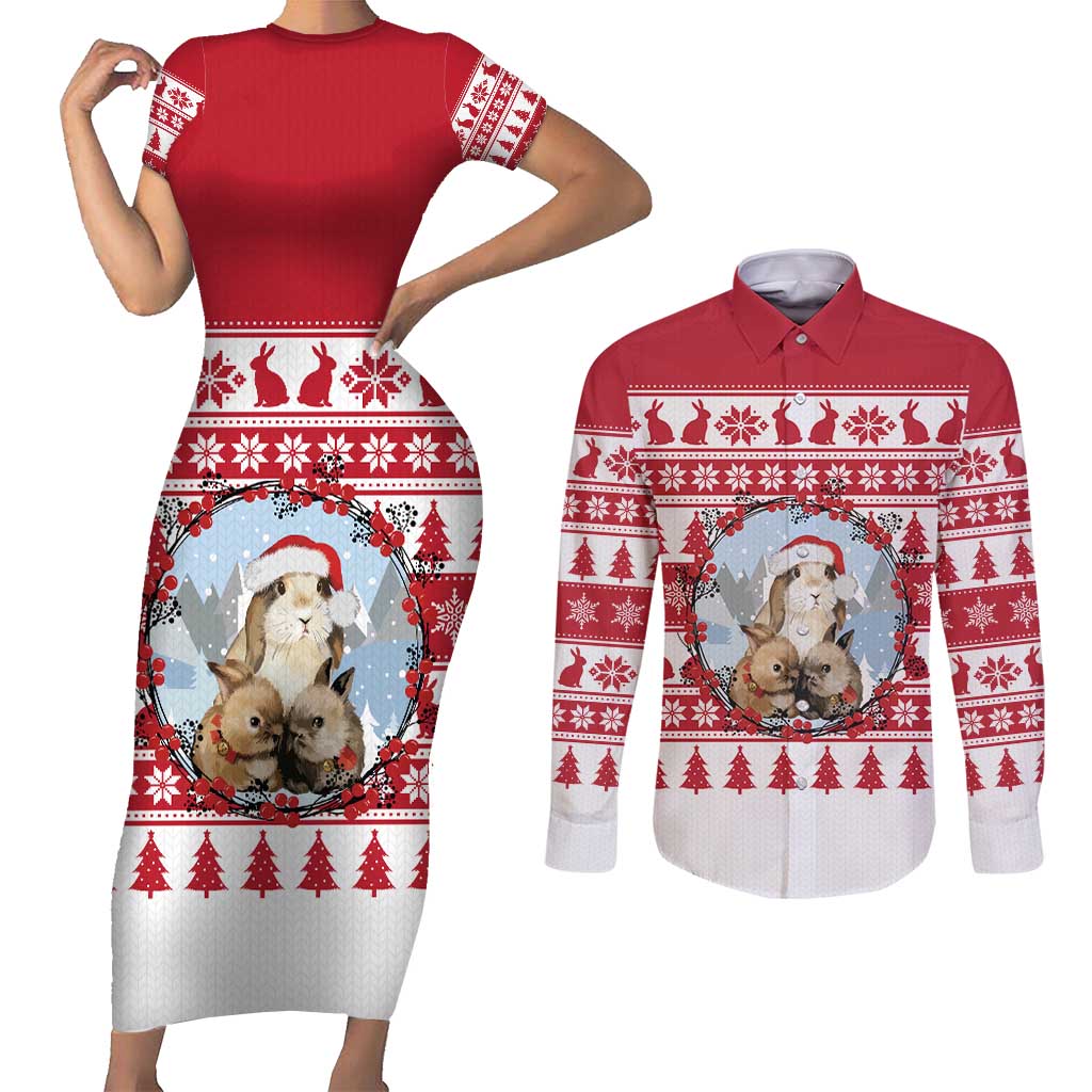Christmas Santa Bunny Rabbits Couples Matching Short Sleeve Bodycon Dress and Long Sleeve Button Shirt Red White Tree Snowflake Pattern - Wonder Print Shop