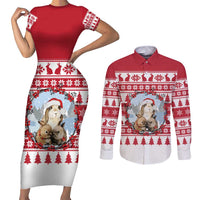 Christmas Santa Bunny Rabbits Couples Matching Short Sleeve Bodycon Dress and Long Sleeve Button Shirt Red White Tree Snowflake Pattern - Wonder Print Shop