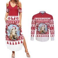 Christmas Santa Bunny Rabbits Couples Matching Summer Maxi Dress and Long Sleeve Button Shirt Red White Tree Snowflake Pattern - Wonder Print Shop