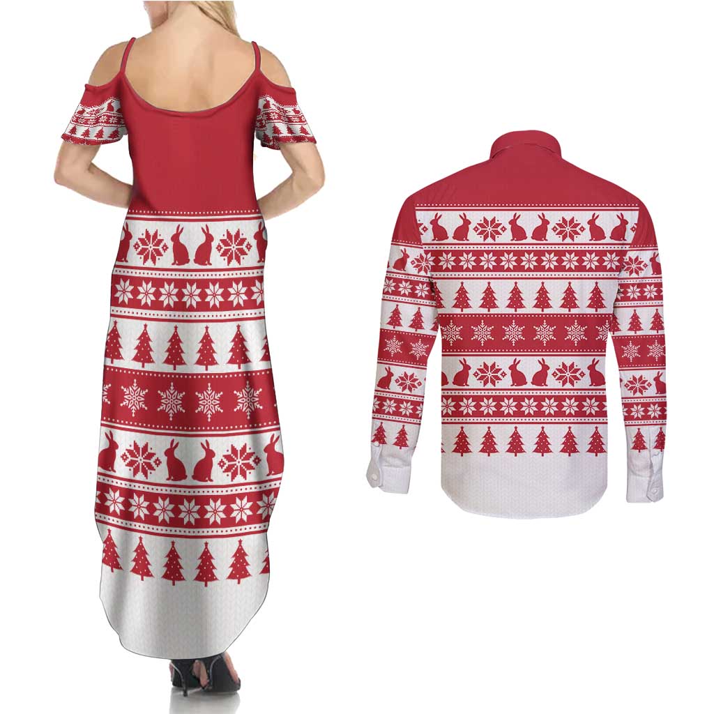 Christmas Santa Bunny Rabbits Couples Matching Summer Maxi Dress and Long Sleeve Button Shirt Red White Tree Snowflake Pattern - Wonder Print Shop