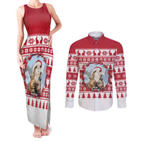 Christmas Santa Bunny Rabbits Couples Matching Tank Maxi Dress and Long Sleeve Button Shirt Red White Tree Snowflake Pattern - Wonder Print Shop