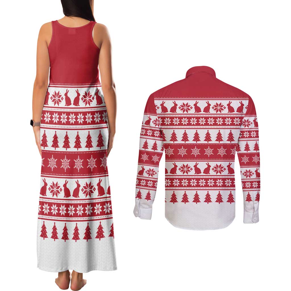 Christmas Santa Bunny Rabbits Couples Matching Tank Maxi Dress and Long Sleeve Button Shirt Red White Tree Snowflake Pattern - Wonder Print Shop