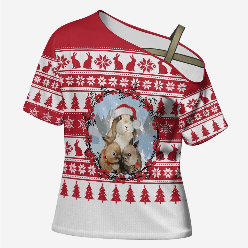 Christmas Santa Bunny Rabbits Cross Shoulder Shirt Red White Tree Snowflake Pattern - Wonder Print Shop