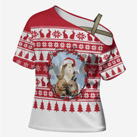 Christmas Santa Bunny Rabbits Cross Shoulder Shirt Red White Tree Snowflake Pattern - Wonder Print Shop