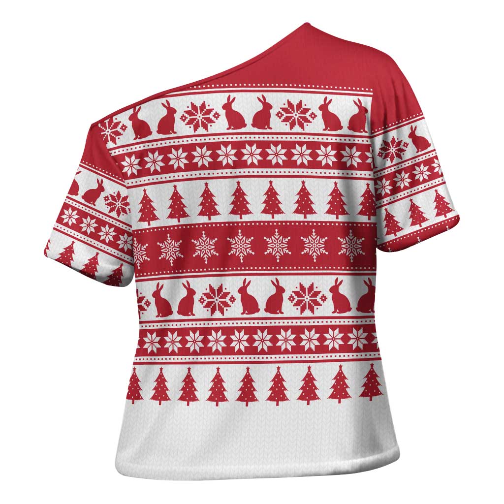 Christmas Santa Bunny Rabbits Cross Shoulder Shirt Red White Tree Snowflake Pattern - Wonder Print Shop