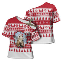 Christmas Santa Bunny Rabbits Cross Shoulder Shirt Red White Tree Snowflake Pattern - Wonder Print Shop