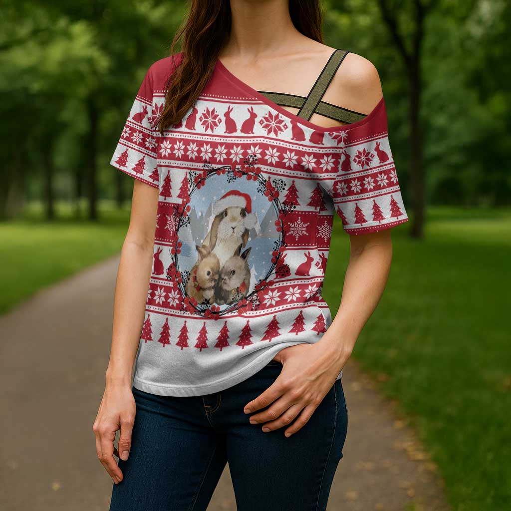 Christmas Santa Bunny Rabbits Cross Shoulder Shirt Red White Tree Snowflake Pattern - Wonder Print Shop