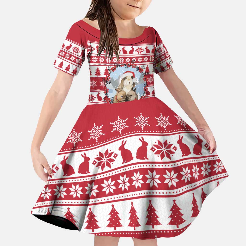 Christmas Santa Bunny Rabbits Family Matching Long Sleeve Bodycon Dress and Hawaiian Shirt Red White Tree Snowflake Pattern - Wonder Print Shop