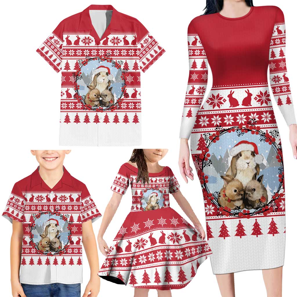 Christmas Santa Bunny Rabbits Family Matching Long Sleeve Bodycon Dress and Hawaiian Shirt Red White Tree Snowflake Pattern - Wonder Print Shop