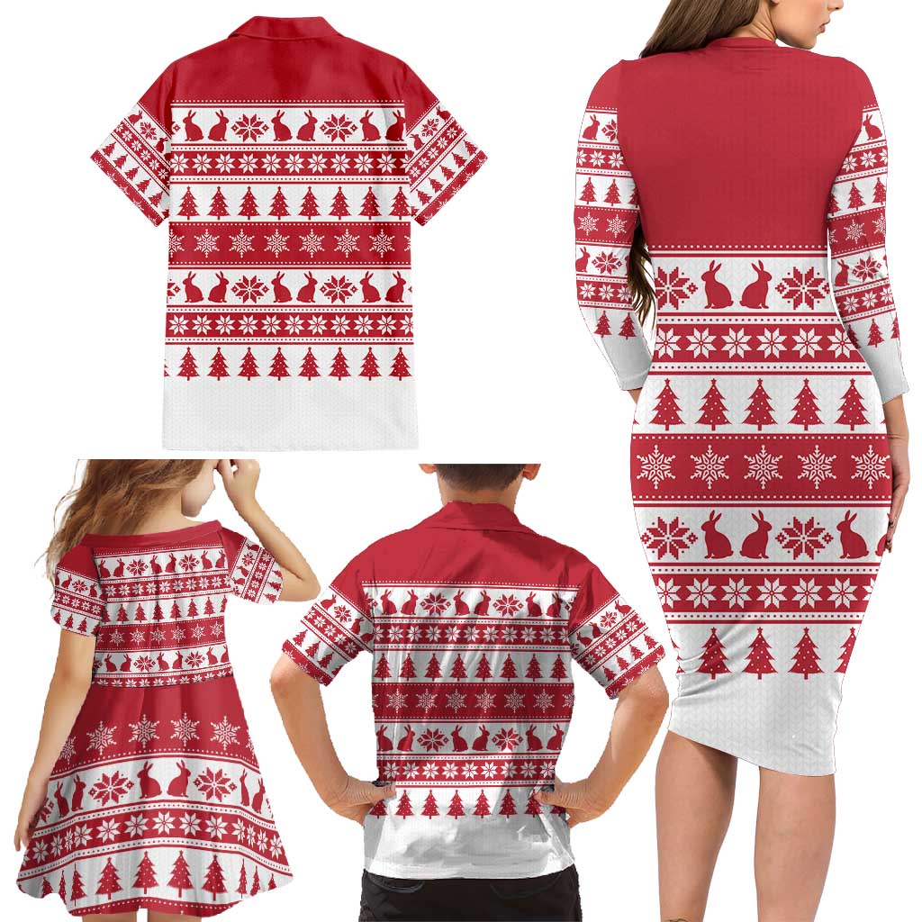 Christmas Santa Bunny Rabbits Family Matching Long Sleeve Bodycon Dress and Hawaiian Shirt Red White Tree Snowflake Pattern - Wonder Print Shop