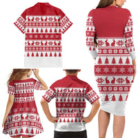 Christmas Santa Bunny Rabbits Family Matching Long Sleeve Bodycon Dress and Hawaiian Shirt Red White Tree Snowflake Pattern - Wonder Print Shop