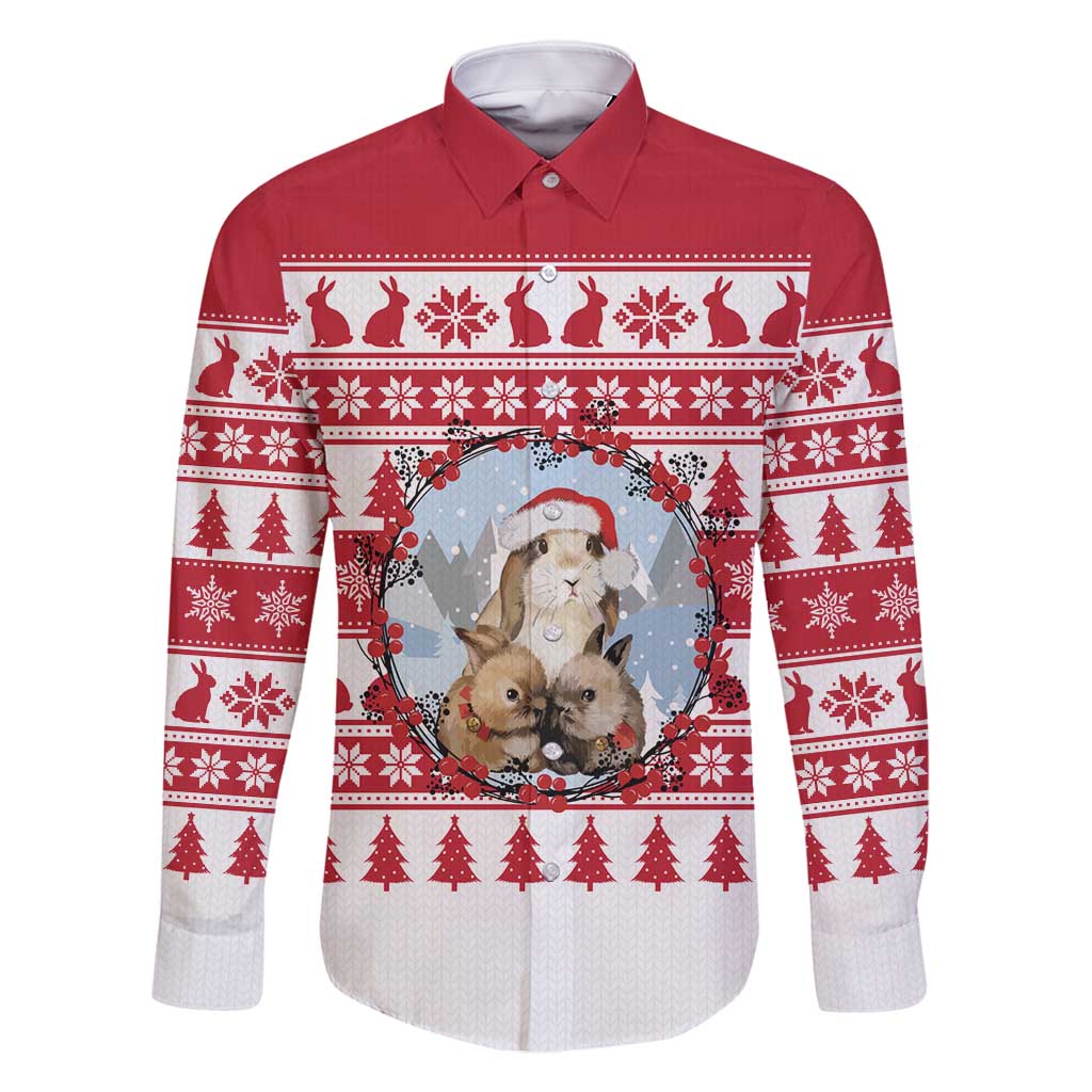 Christmas Santa Bunny Rabbits Family Matching Long Sleeve Bodycon Dress and Hawaiian Shirt Red White Tree Snowflake Pattern - Wonder Print Shop