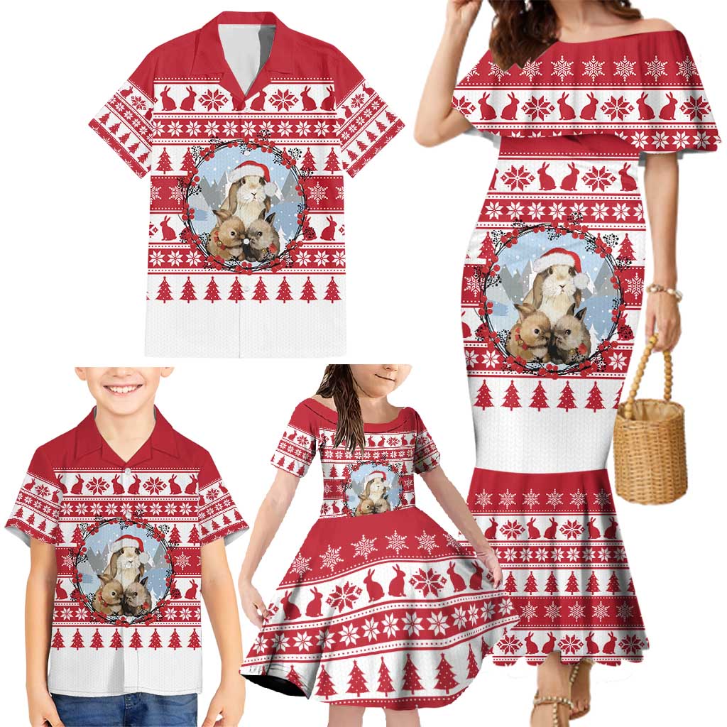 Christmas Santa Bunny Rabbits Family Matching Mermaid Dress and Hawaiian Shirt Red White Tree Snowflake Pattern - Wonder Print Shop