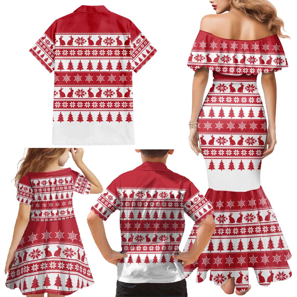 Christmas Santa Bunny Rabbits Family Matching Mermaid Dress and Hawaiian Shirt Red White Tree Snowflake Pattern - Wonder Print Shop