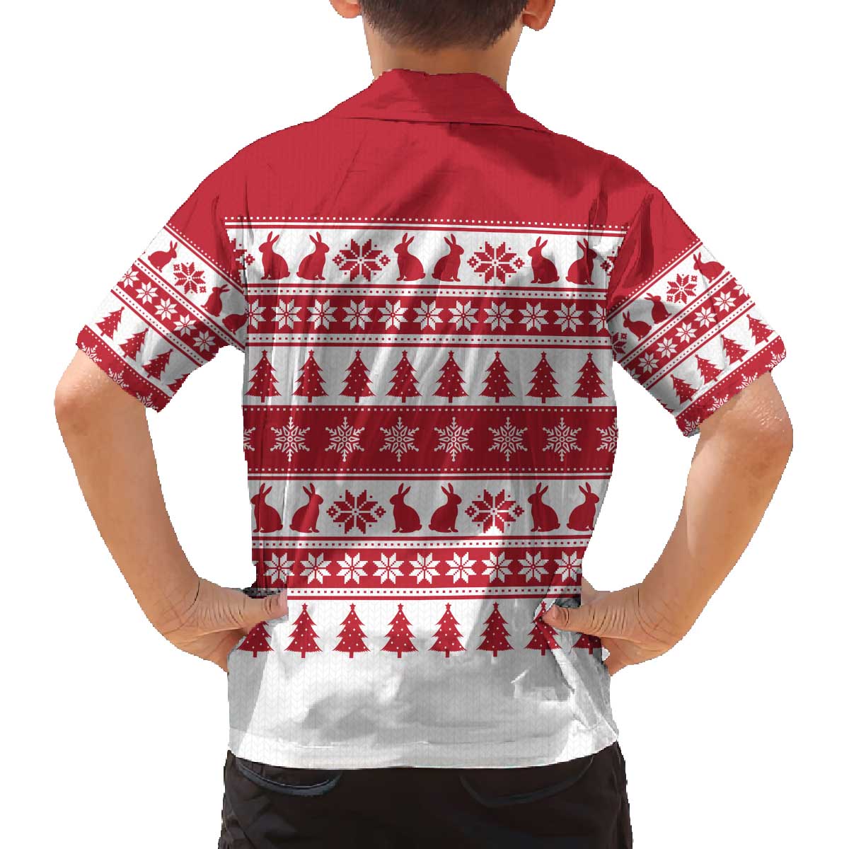 Christmas Santa Bunny Rabbits Family Matching Off The Shoulder Long Sleeve Dress and Hawaiian Shirt Red White Tree Snowflake Pattern - Wonder Print Shop
