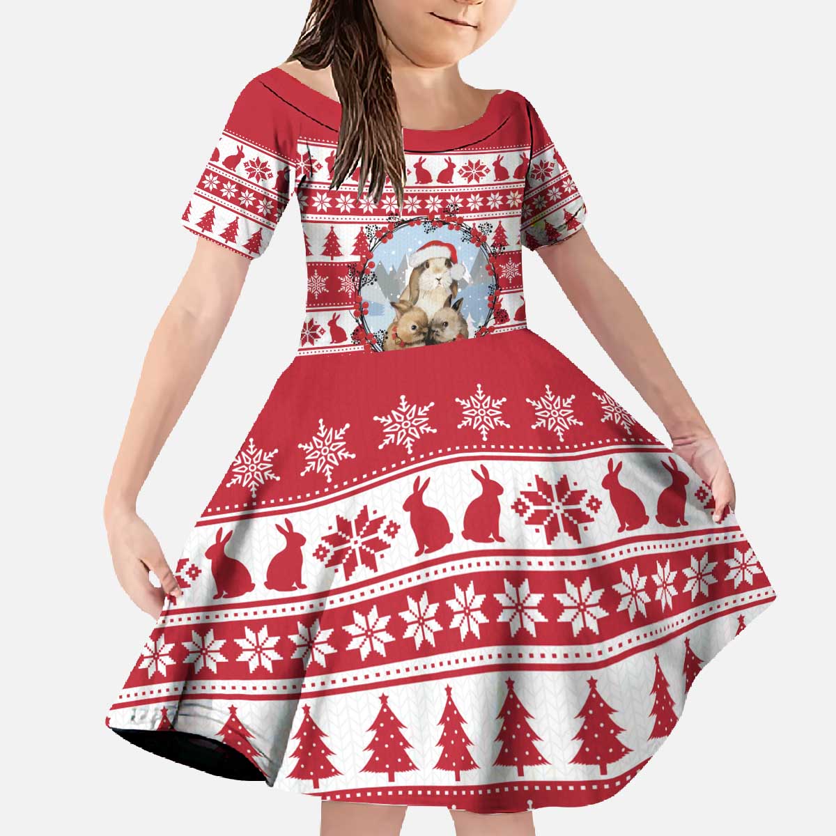 Christmas Santa Bunny Rabbits Family Matching Off The Shoulder Long Sleeve Dress and Hawaiian Shirt Red White Tree Snowflake Pattern - Wonder Print Shop