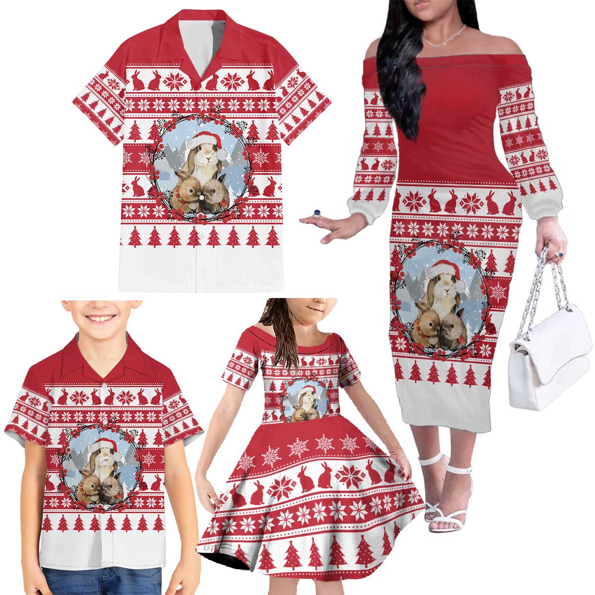 Christmas Santa Bunny Rabbits Family Matching Off The Shoulder Long Sleeve Dress and Hawaiian Shirt Red White Tree Snowflake Pattern - Wonder Print Shop