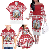 Christmas Santa Bunny Rabbits Family Matching Off The Shoulder Long Sleeve Dress and Hawaiian Shirt Red White Tree Snowflake Pattern - Wonder Print Shop