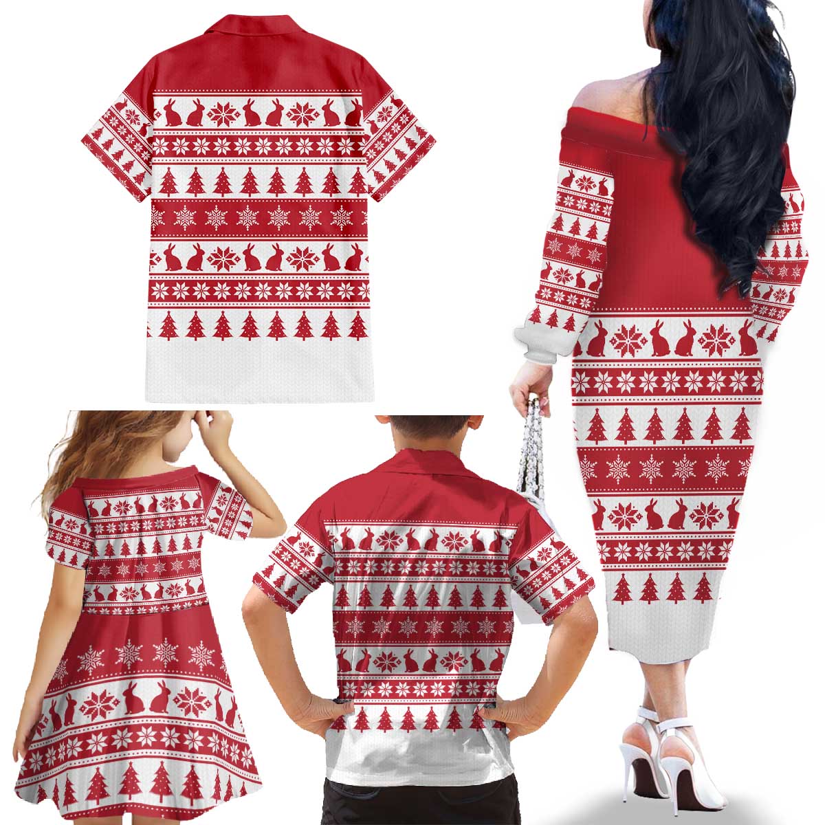 Christmas Santa Bunny Rabbits Family Matching Off The Shoulder Long Sleeve Dress and Hawaiian Shirt Red White Tree Snowflake Pattern - Wonder Print Shop