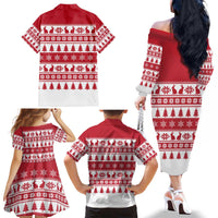 Christmas Santa Bunny Rabbits Family Matching Off The Shoulder Long Sleeve Dress and Hawaiian Shirt Red White Tree Snowflake Pattern - Wonder Print Shop