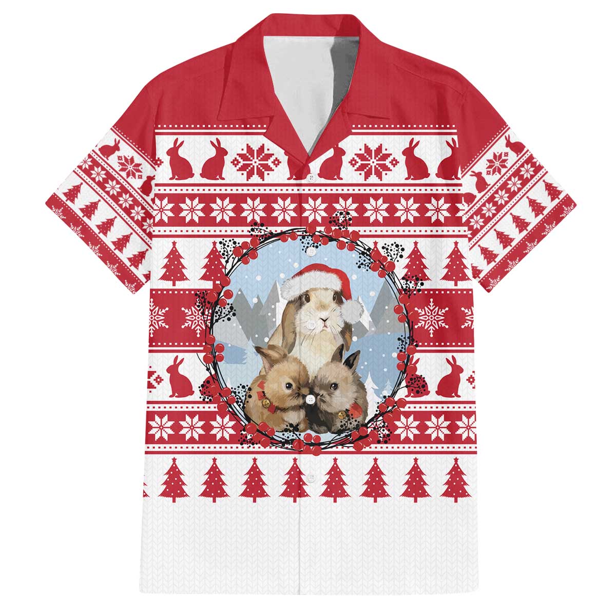 Christmas Santa Bunny Rabbits Family Matching Off The Shoulder Long Sleeve Dress and Hawaiian Shirt Red White Tree Snowflake Pattern - Wonder Print Shop