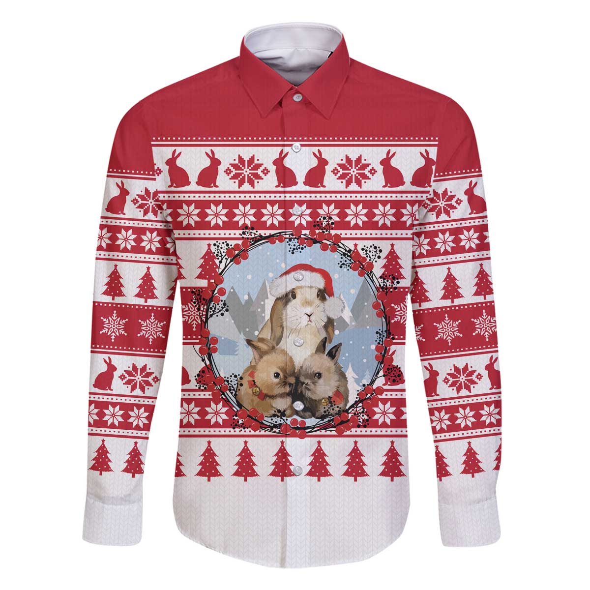 Christmas Santa Bunny Rabbits Family Matching Off The Shoulder Long Sleeve Dress and Hawaiian Shirt Red White Tree Snowflake Pattern - Wonder Print Shop