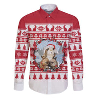Christmas Santa Bunny Rabbits Family Matching Off The Shoulder Long Sleeve Dress and Hawaiian Shirt Red White Tree Snowflake Pattern - Wonder Print Shop