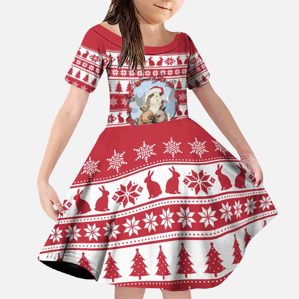 Christmas Santa Bunny Rabbits Family Matching Off Shoulder Maxi Dress and Hawaiian Shirt Red White Tree Snowflake Pattern - Wonder Print Shop