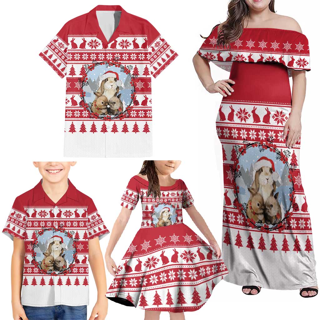 Christmas Santa Bunny Rabbits Family Matching Off Shoulder Maxi Dress and Hawaiian Shirt Red White Tree Snowflake Pattern - Wonder Print Shop