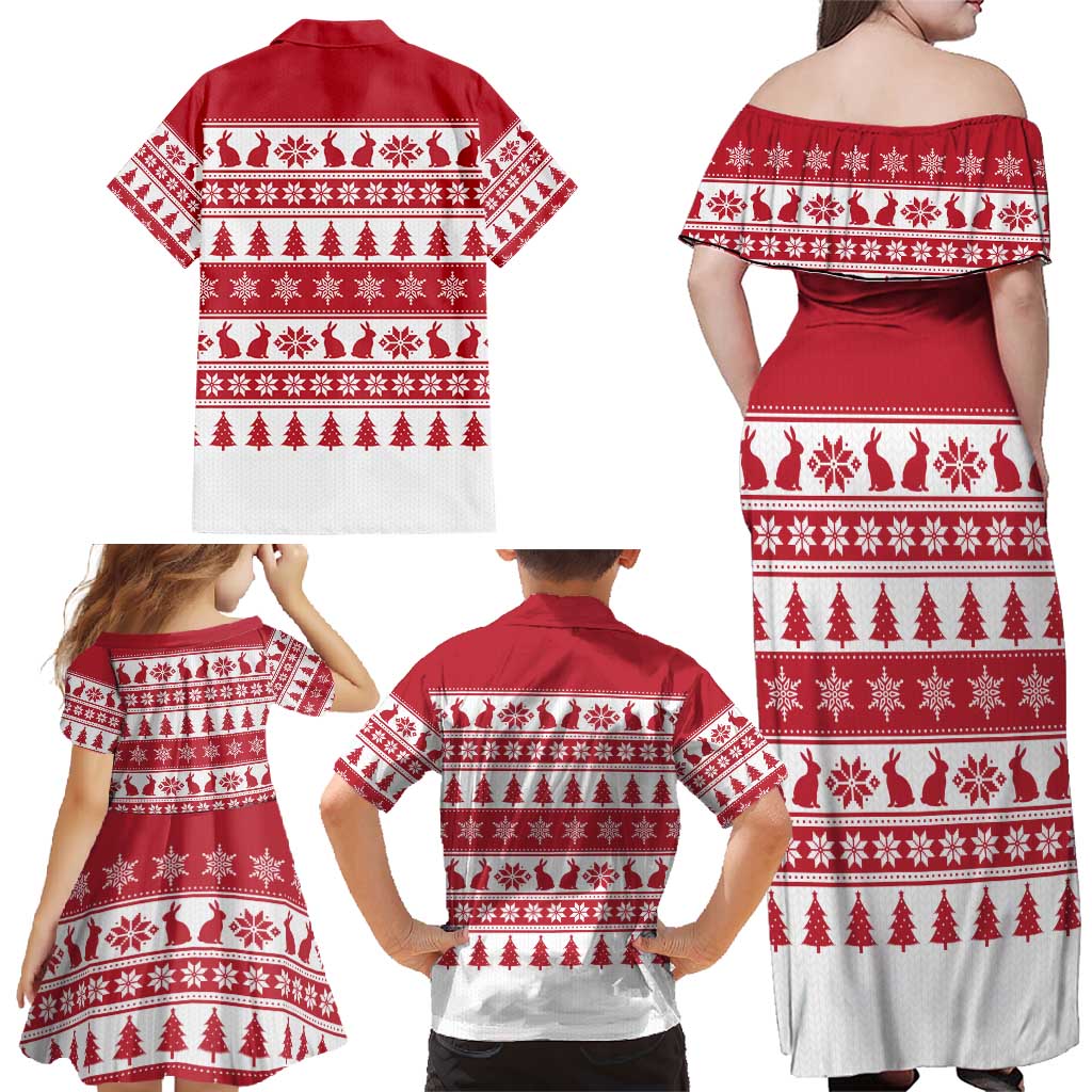 Christmas Santa Bunny Rabbits Family Matching Off Shoulder Maxi Dress and Hawaiian Shirt Red White Tree Snowflake Pattern - Wonder Print Shop