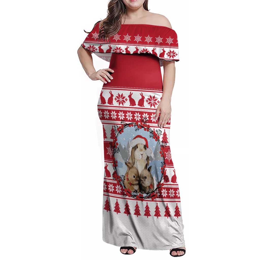 Christmas Santa Bunny Rabbits Family Matching Off Shoulder Maxi Dress and Hawaiian Shirt Red White Tree Snowflake Pattern - Wonder Print Shop