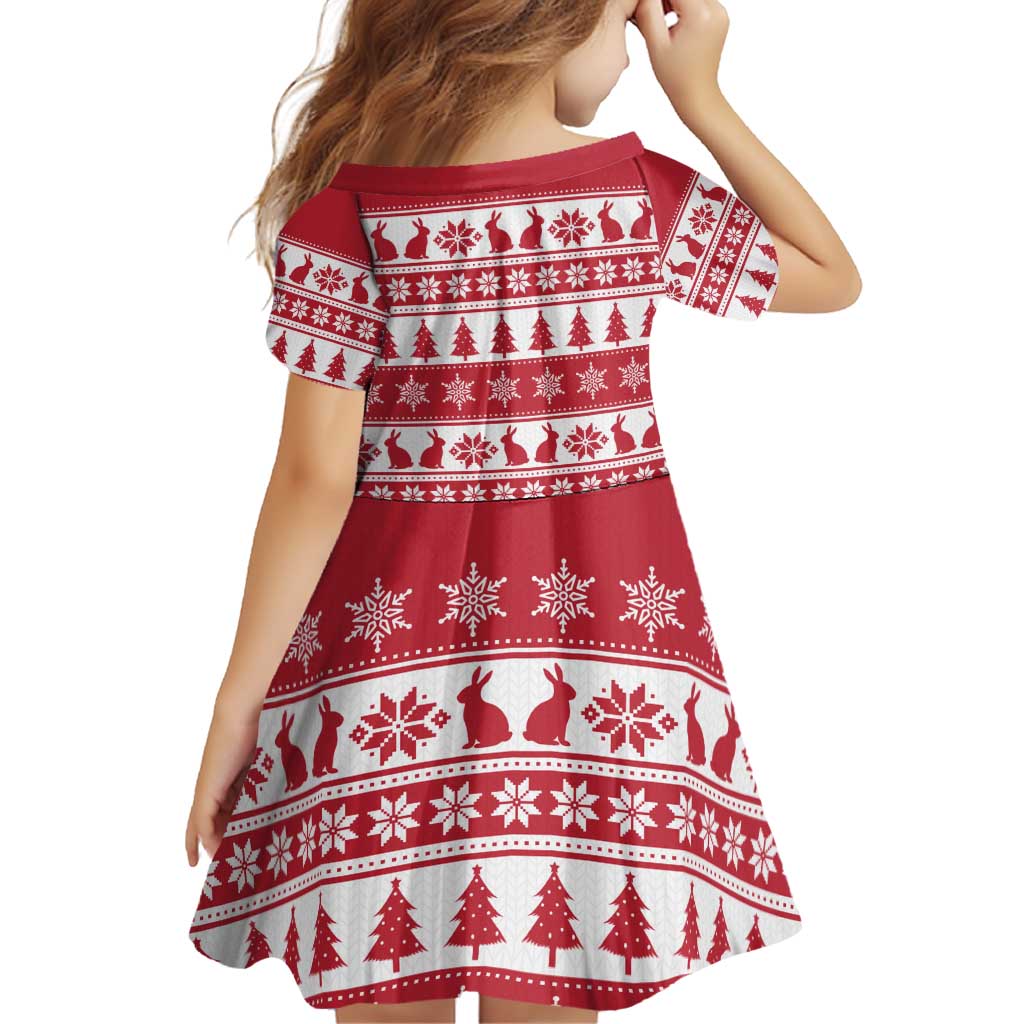 Christmas Santa Bunny Rabbits Family Matching Off Shoulder Short Dress and Hawaiian Shirt Red White Tree Snowflake Pattern - Wonder Print Shop