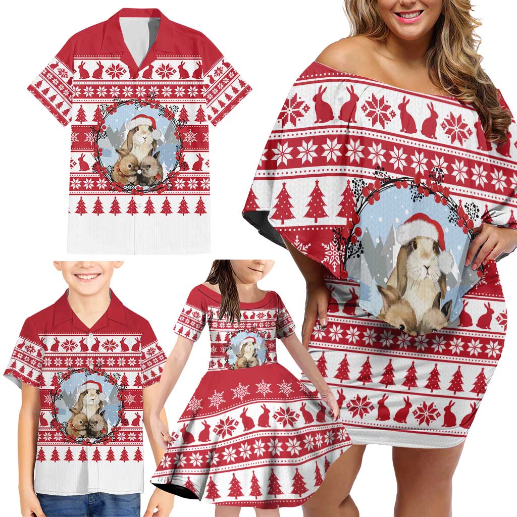 Christmas Santa Bunny Rabbits Family Matching Off Shoulder Short Dress and Hawaiian Shirt Red White Tree Snowflake Pattern - Wonder Print Shop