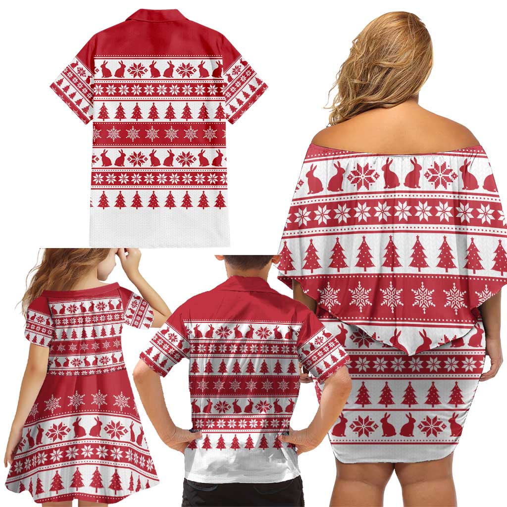 Christmas Santa Bunny Rabbits Family Matching Off Shoulder Short Dress and Hawaiian Shirt Red White Tree Snowflake Pattern - Wonder Print Shop