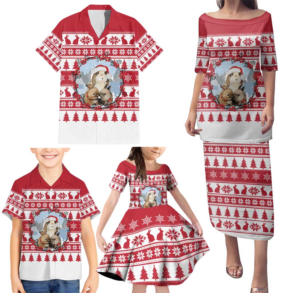 Christmas Santa Bunny Rabbits Family Matching Puletasi and Hawaiian Shirt Red White Tree Snowflake Pattern - Wonder Print Shop