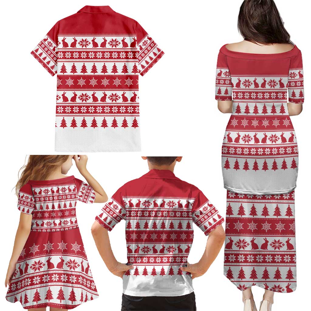 Christmas Santa Bunny Rabbits Family Matching Puletasi and Hawaiian Shirt Red White Tree Snowflake Pattern - Wonder Print Shop