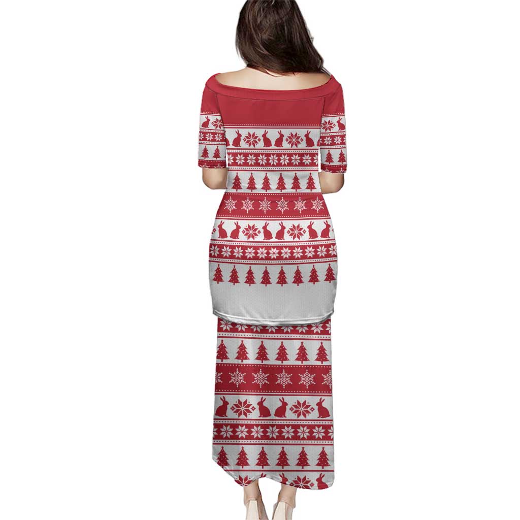 Christmas Santa Bunny Rabbits Family Matching Puletasi and Hawaiian Shirt Red White Tree Snowflake Pattern - Wonder Print Shop