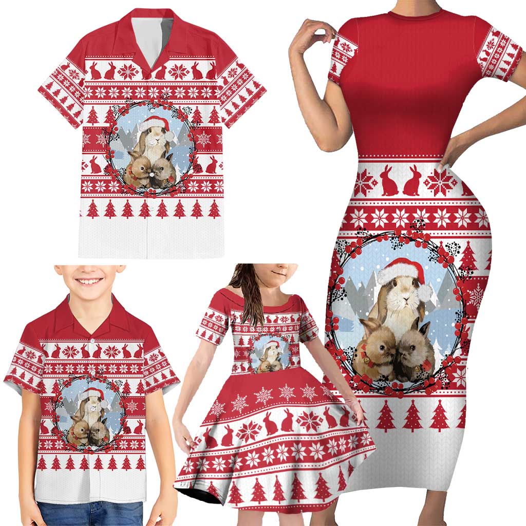 Christmas Santa Bunny Rabbits Family Matching Short Sleeve Bodycon Dress and Hawaiian Shirt Red White Tree Snowflake Pattern - Wonder Print Shop