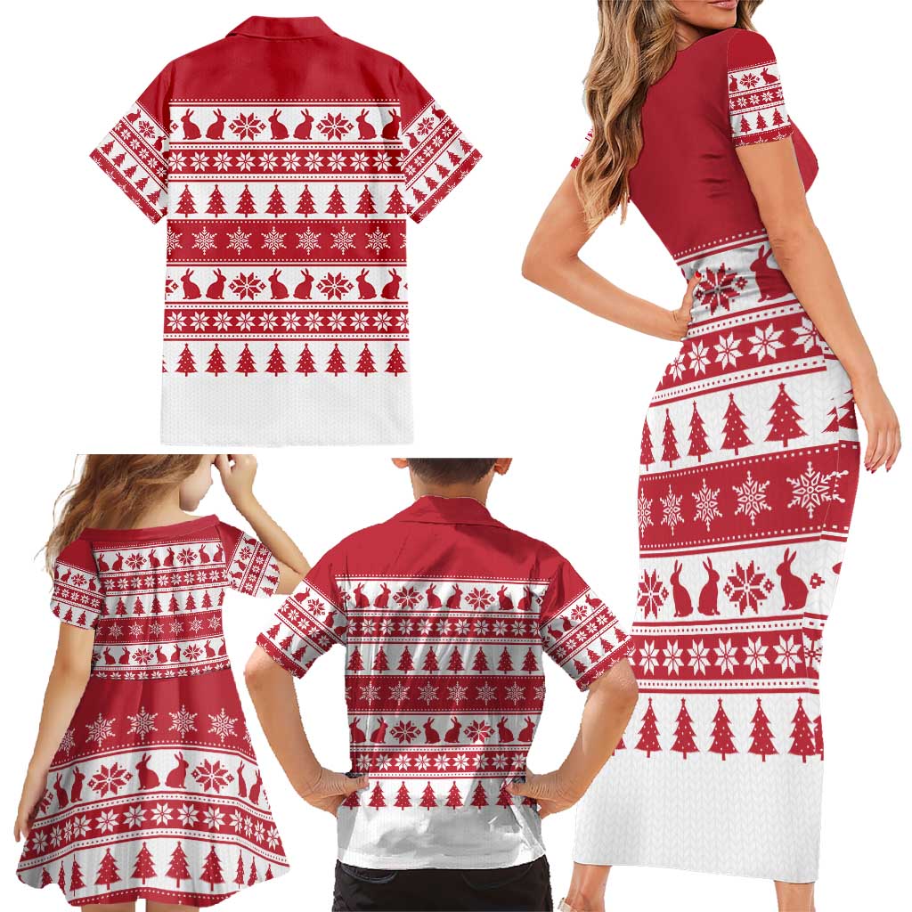 Christmas Santa Bunny Rabbits Family Matching Short Sleeve Bodycon Dress and Hawaiian Shirt Red White Tree Snowflake Pattern - Wonder Print Shop