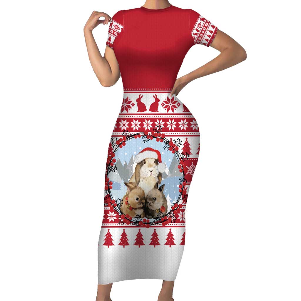 Christmas Santa Bunny Rabbits Family Matching Short Sleeve Bodycon Dress and Hawaiian Shirt Red White Tree Snowflake Pattern - Wonder Print Shop